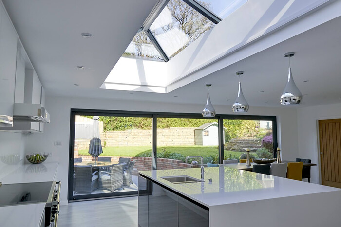 Aluminium Traditional Roof Lantern in Kitchen with Sliding Patio Doors