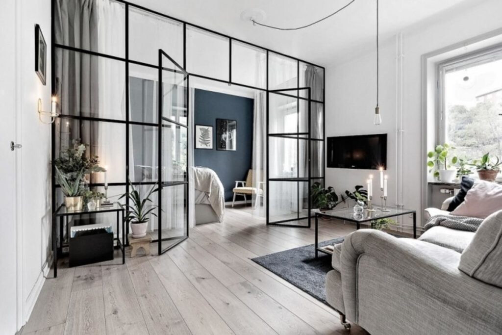 Minimalist Black Steel Double Doors and Room Divide Opening into Living Room